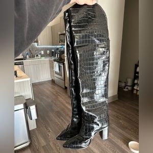 SCHUTZ Maryana croc over the knees block heel boots - 8.5 - Black